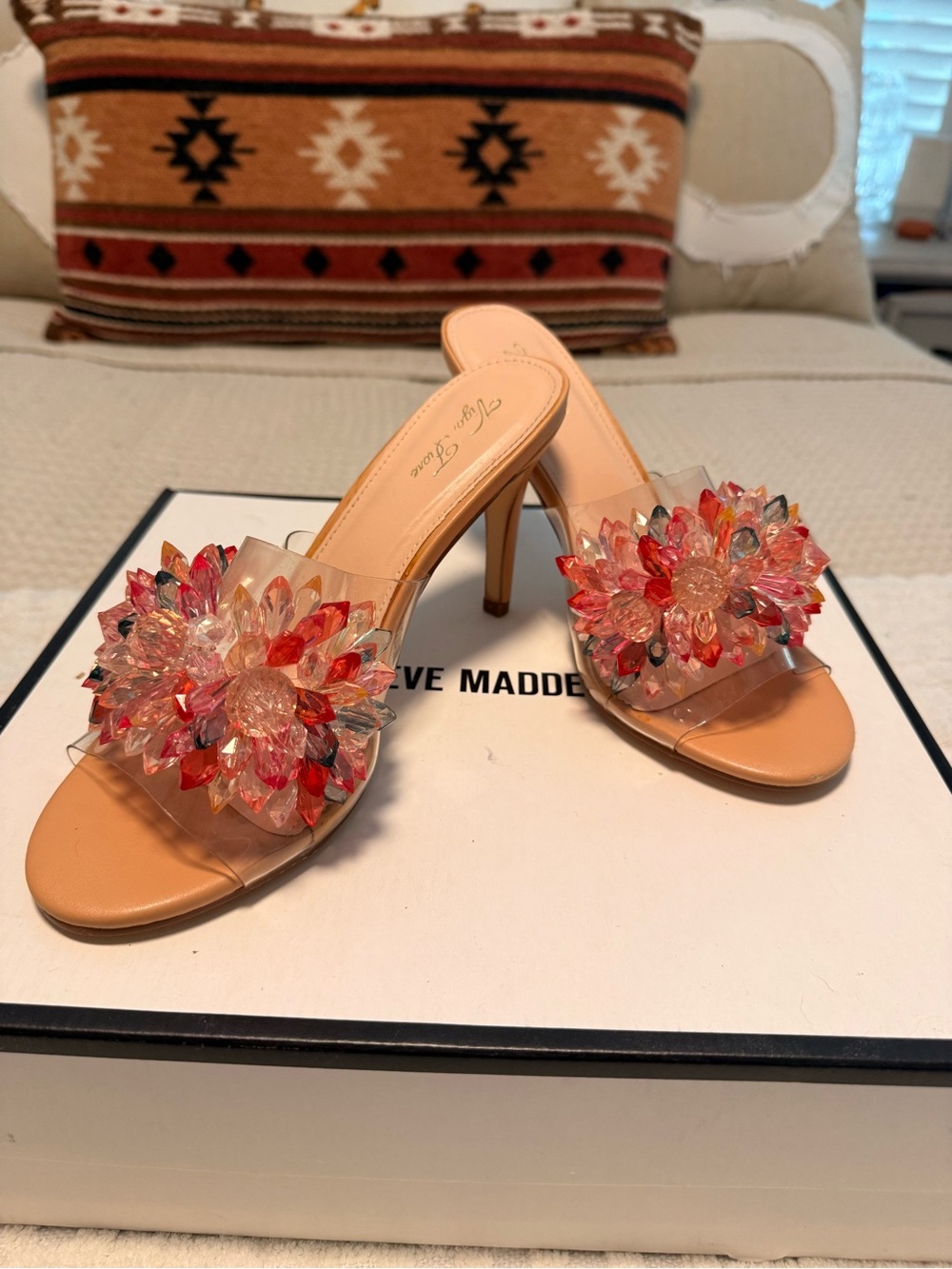 Nude Slide Heels with Multicolor Crystal Flower Embellishment